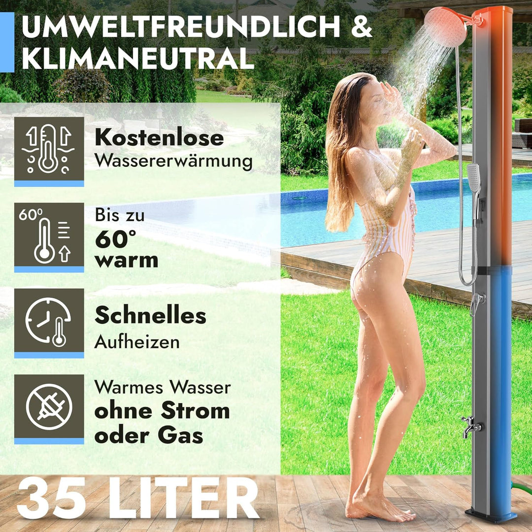 dirks-traumbad Solardusche Gartendusche 35 Liter mit Wasserhahn Schwarz für Garten Warm Kalt Dusche