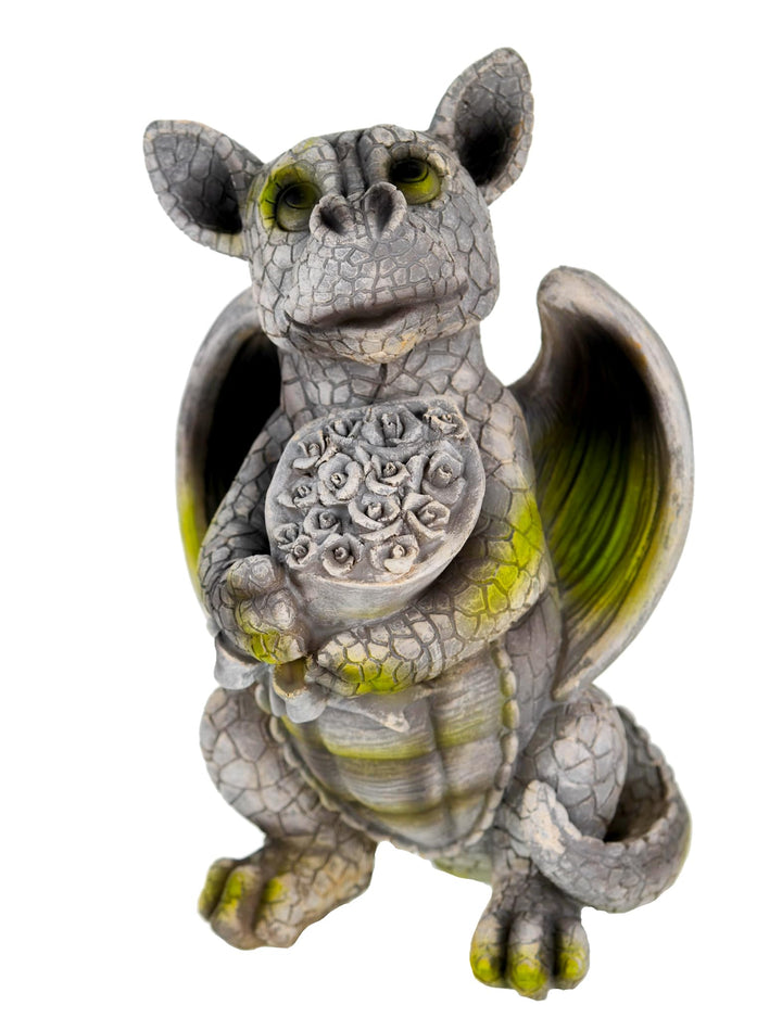 Kremers Schatzkiste Drachenkind mit Blumenstrauss Drache Figur Gartenfigur Blume