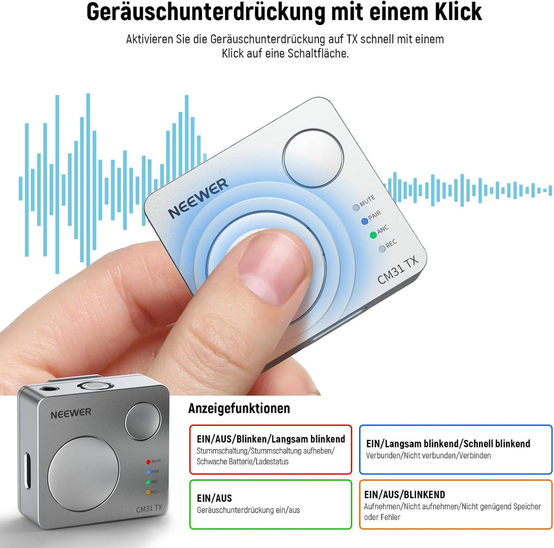 NEEWER CM31 Kabelloses Lavalier Mikrofon mit 8GB Speicher 24H Batterie 14H Aufnahme 820ft Reichweite