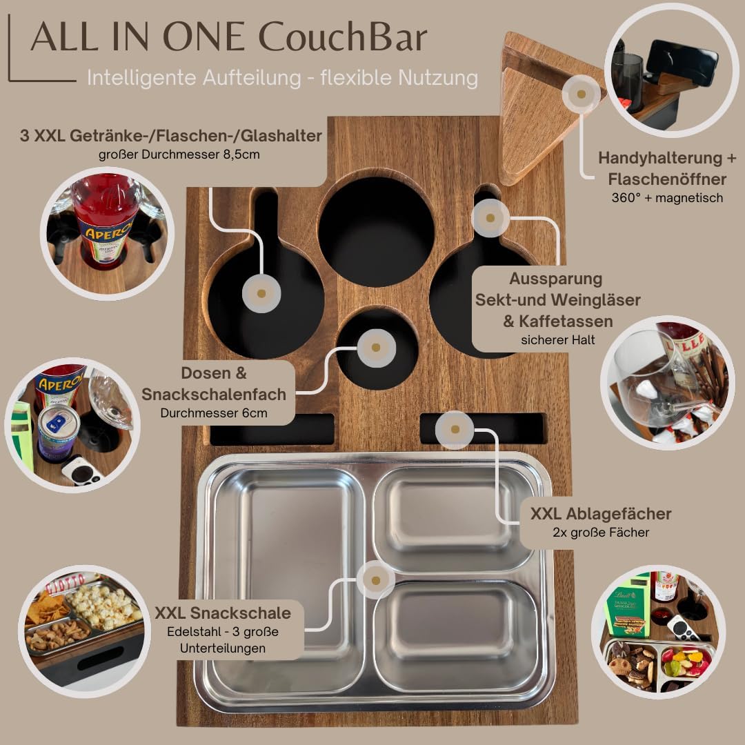Lukada Premium Couchbar Snackbox | XXL Snackschale & 4 Getränkehalter | Akazien Holz & Bambus Sofata