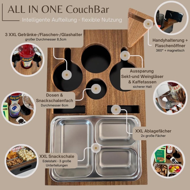 Lukada Premium Couchbar Snackbox | XXL Snackschale & 4 Getränkehalter | Akazien Holz & Bambus Sofata