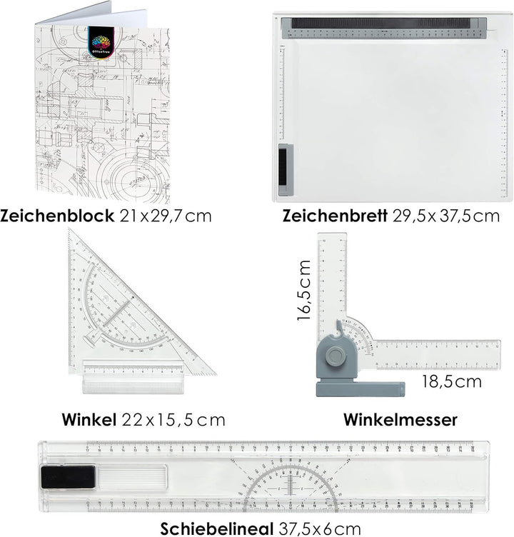 OfficeTree Zeichenplatte A4 - Inkl. Tragetasche, Schiebelineal, Geodreieck UVM. - Zeichenbrett A4 fü