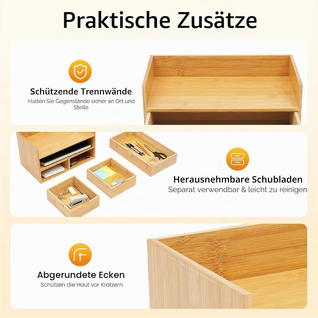 Bambus Schreibtischorganizer mit 3 Schubladen, Holz Schreibtischorganizer, Multifunktionaler Schreib