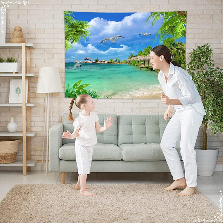 Dsnyu Wandteppich Tropische Pflanzen, Wandbehang 200X200 Grün Blau Landschaft Tapestry Living Room P