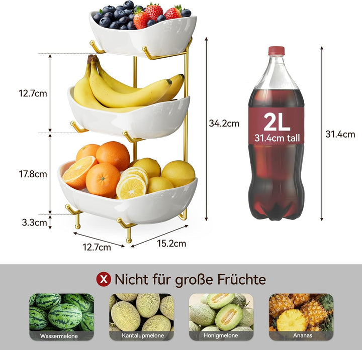 Josmimic Obst Etagere aus Keramik, 3-stufiger Obstkorb mit Metallständer in Gold, Mehrstöckige Obsts