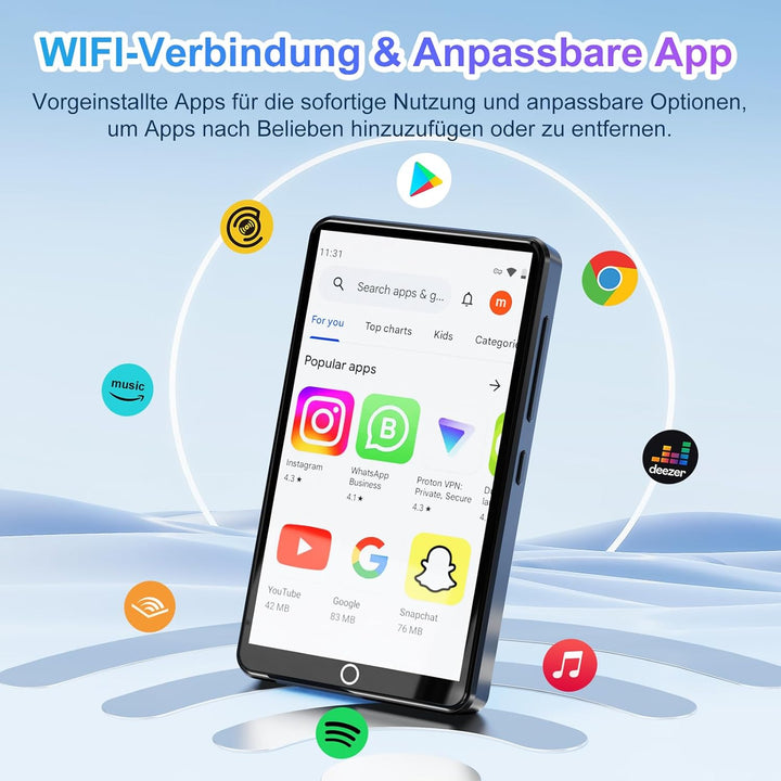 MP3-Player mit Bluetooth und WLAN, 80 GB Speicher Android Spotify MP4-Player mit Rückfahrkamera, 4,0