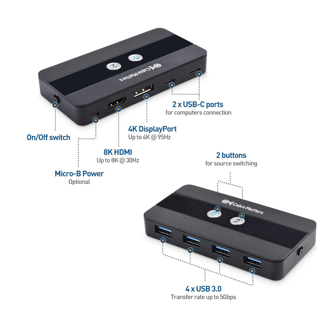 Cable Matters Dual 4K 60Hz USB C KVM Switch 2 Monitore/KVM Switch Displayport, HDMI & 4x USB 3.0 - F