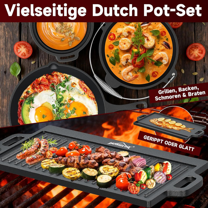 HOMELUX 10-teilig Dutch Oven Set in Holzkiste mit 4,5L Dutch Oven Topf &amp; 3,6L Saucier – Inkl. Grillp