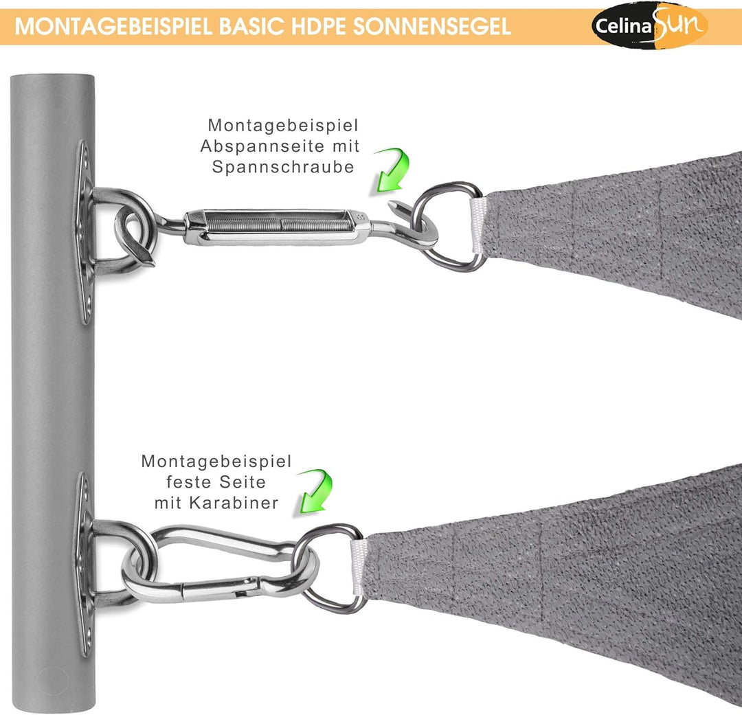CelinaSun Sonnensegel inkl Befestigungsseile HDPE Basic Dreieck rechtwinklig 3,6 x 3,6 x 5,1 m hellg