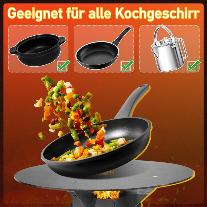 Fiqops Raketenofen Rocket Stove mit Grillplatte –Tragbarer Camping Holzofen mit Feuerhaken & Aschefa
