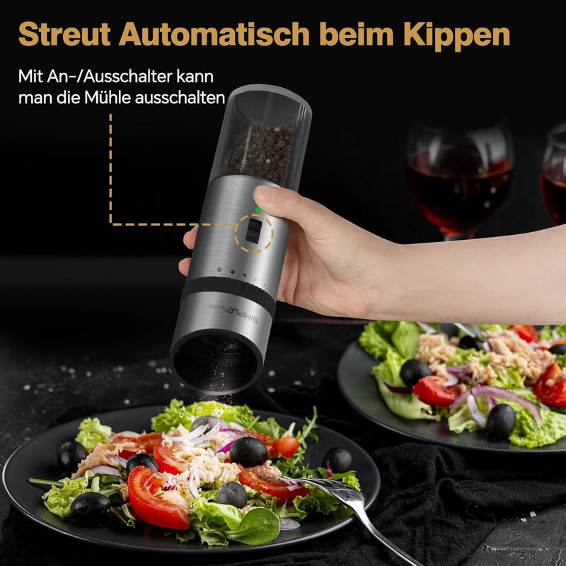 SIMPLETASTE Pfeffer und Salzmühle Automatisch mit Kippsensor Elektrisch, USB Wiederaufladbare Akku G