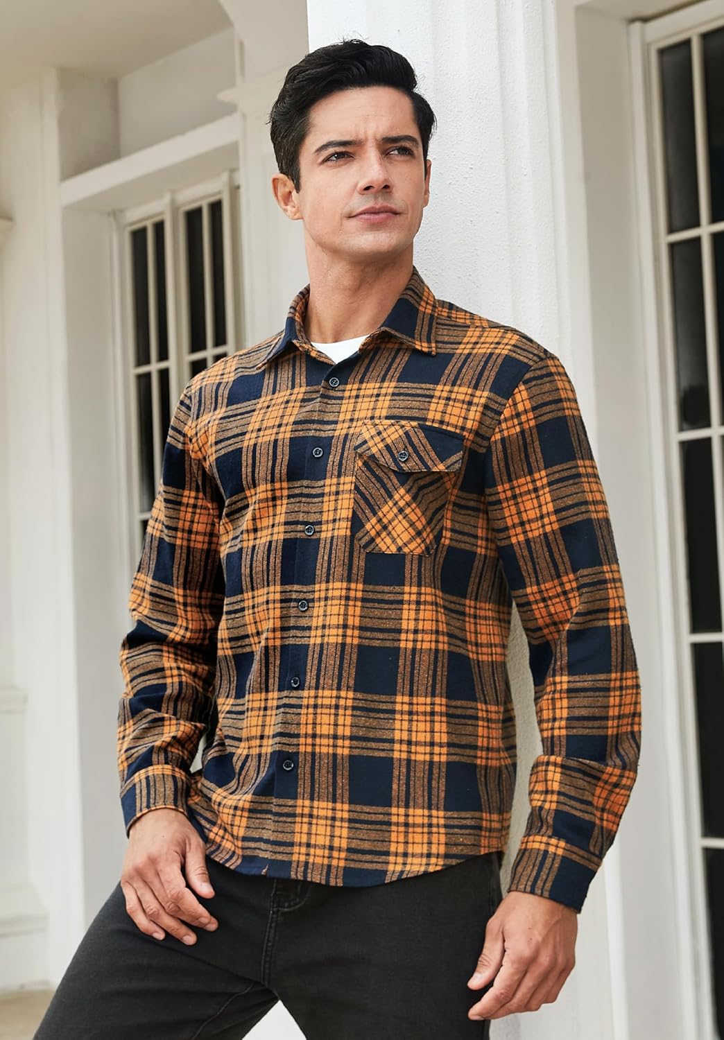 HISDERN Flanellhemd Herren Karierte Hemden Herren Langarm Button Down Baumwolle Holzfällerhemd Regul