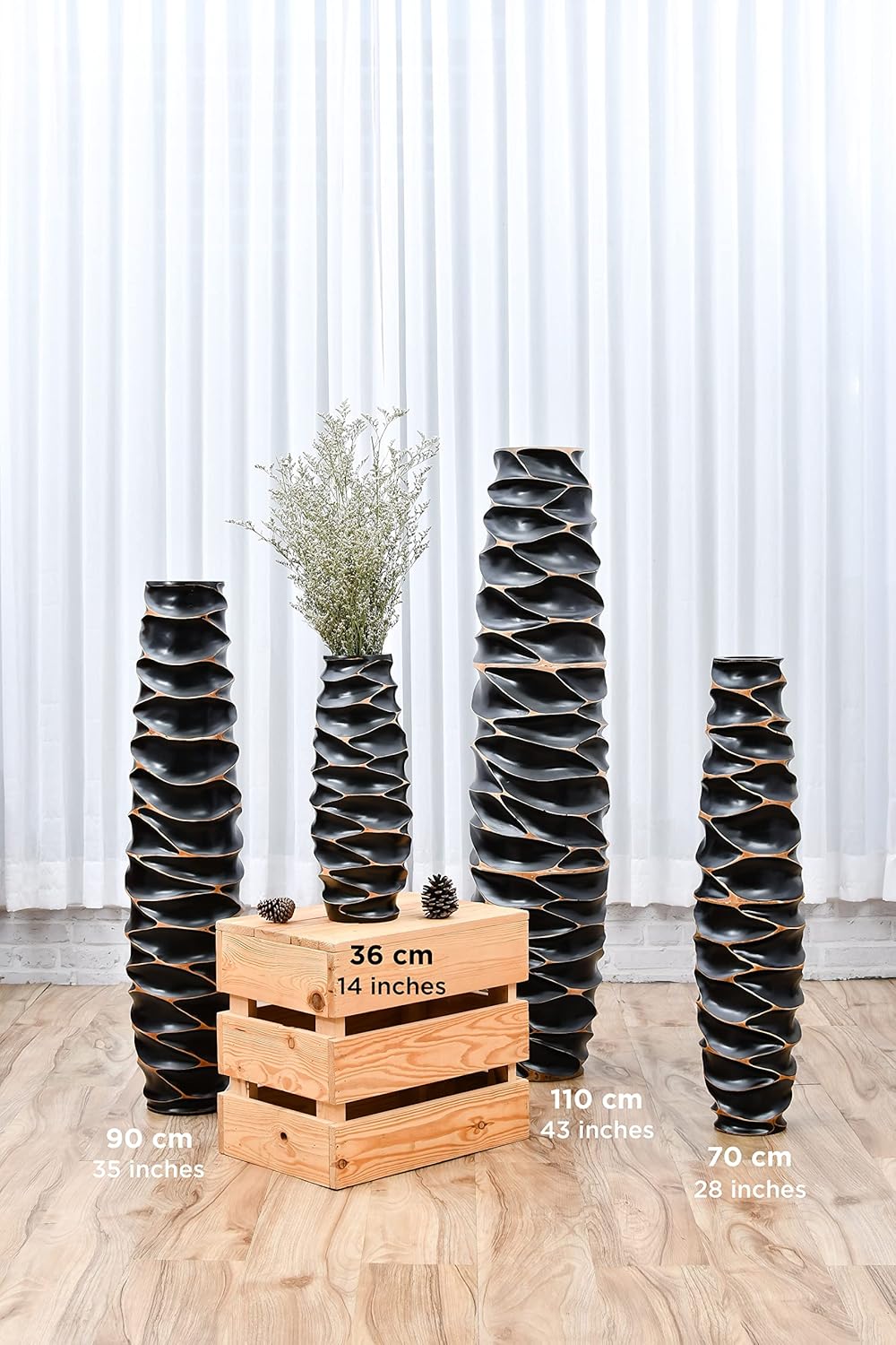 Leewadee Grosse Bodenvase für Dekozweige hohe Standvase Design Holzvase, Holz, 90 cm, Schwarz 90 cm