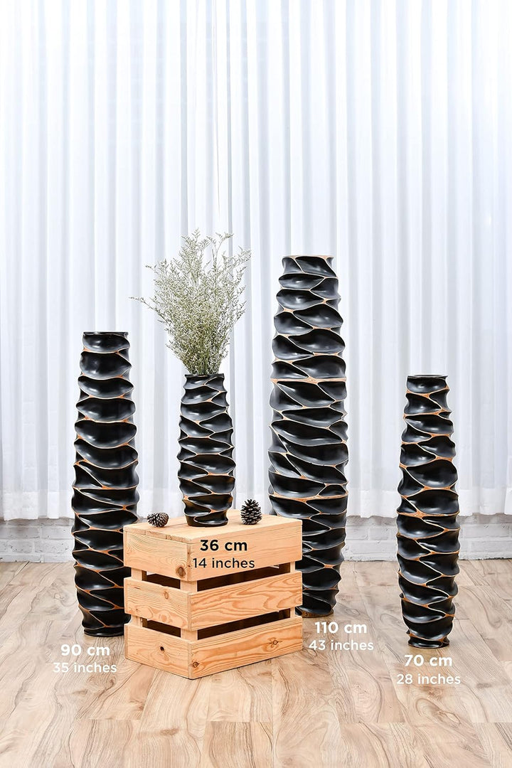 Leewadee Grosse Bodenvase für Dekozweige hohe Standvase Design Holzvase, Holz, 90 cm, Schwarz 90 cm