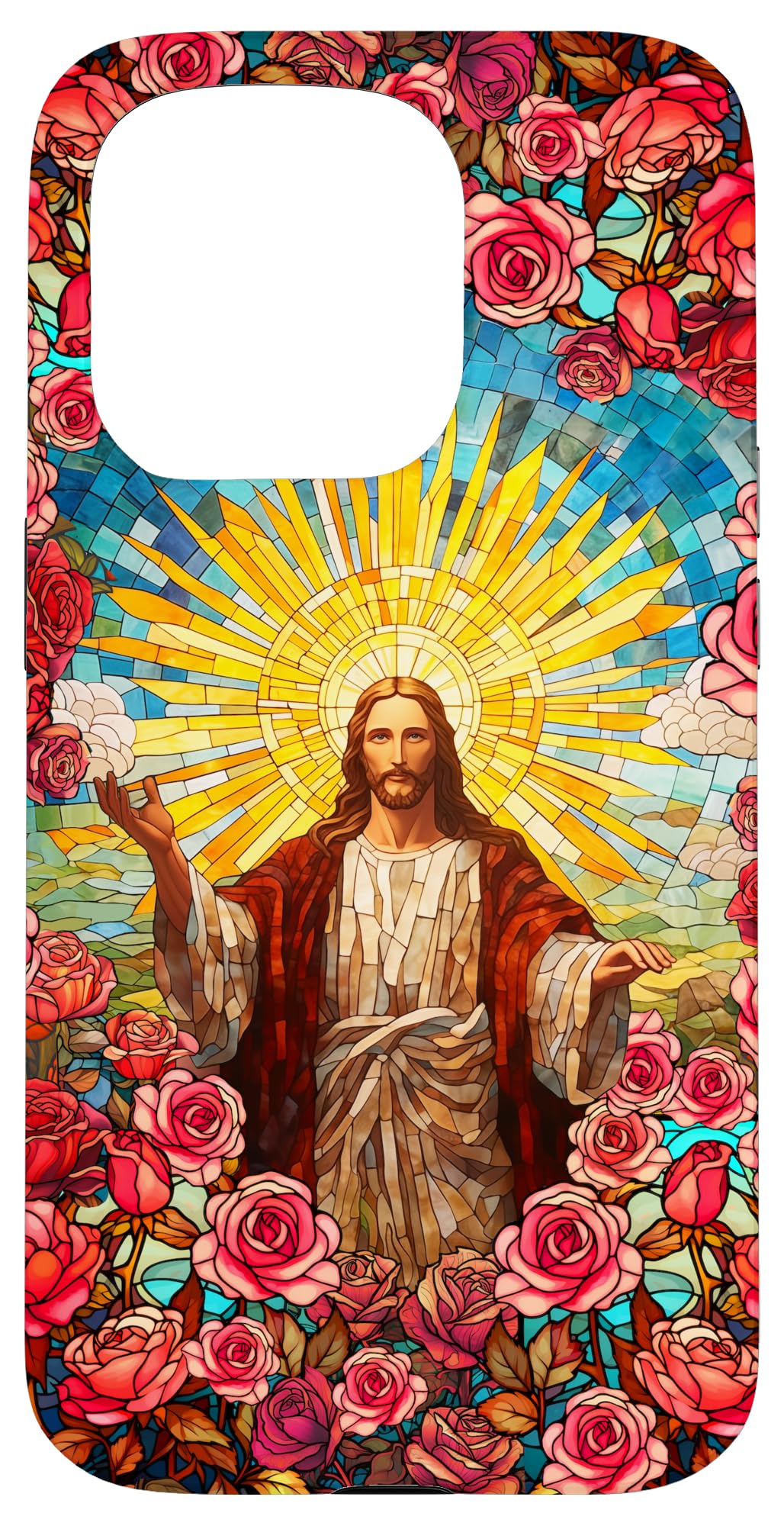 Jesus Roses Floral Buntglas Look Christian Faith Rose Hülle für iPhone 15 Pro, iPhone 15 Pro