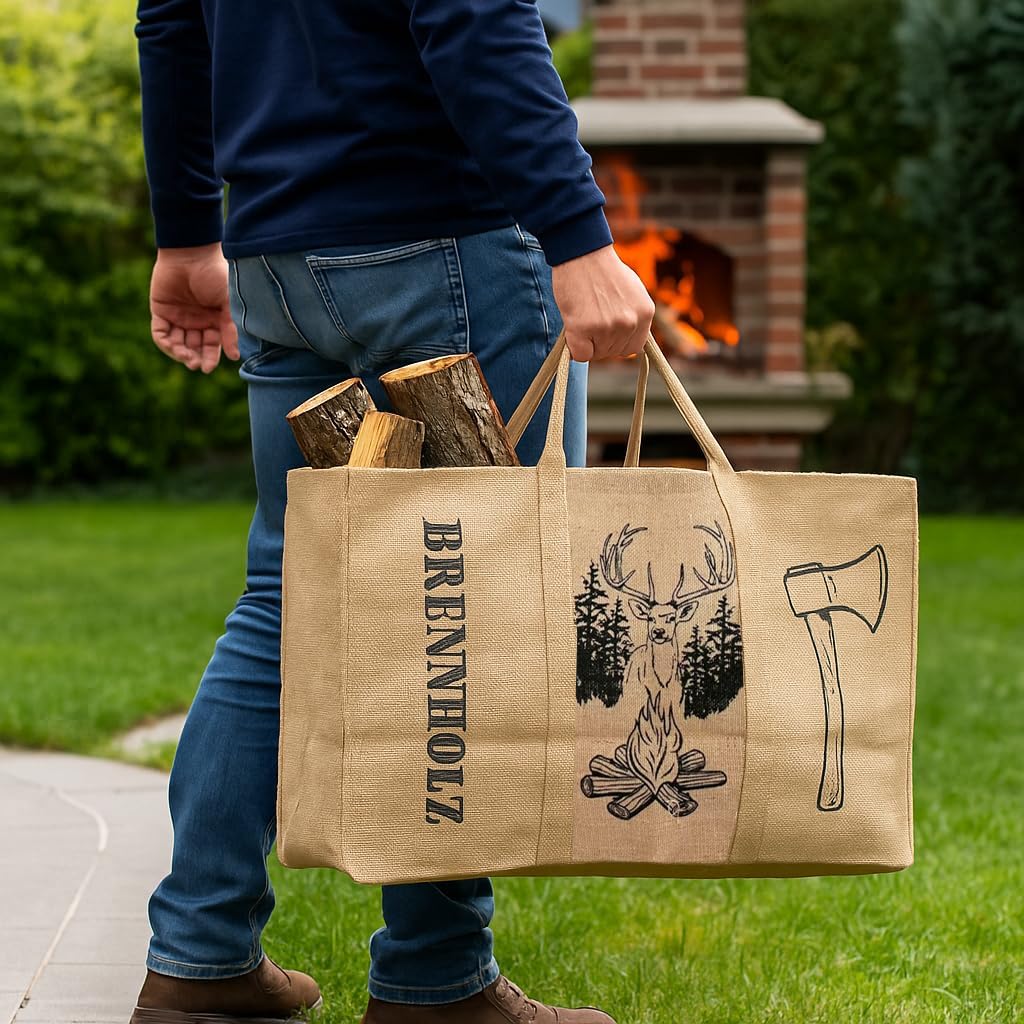Domelo XXL Holzkorb Holzscheittasche Brennholz Tragetasche 67L mit Wachsbeschichtung belastbar bis 3