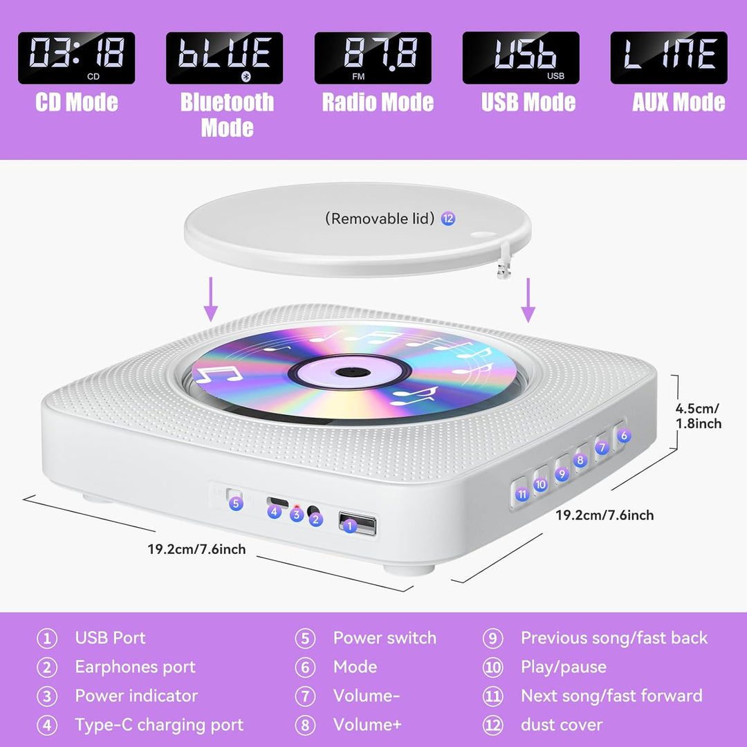 Gueray Desktop CD Player Bluetooth CD-Spieler mit Lautsprechern für Zuhause 1800mAh Tragbarer CD-Pla
