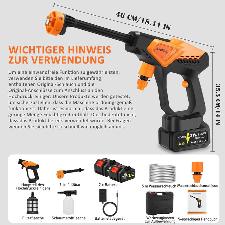 Akku Hochdruckreiniger mit 2 Akkus, Akku Hochdruckreiniger mit 6-In-1 Multifunktionale, Mobiler Druc