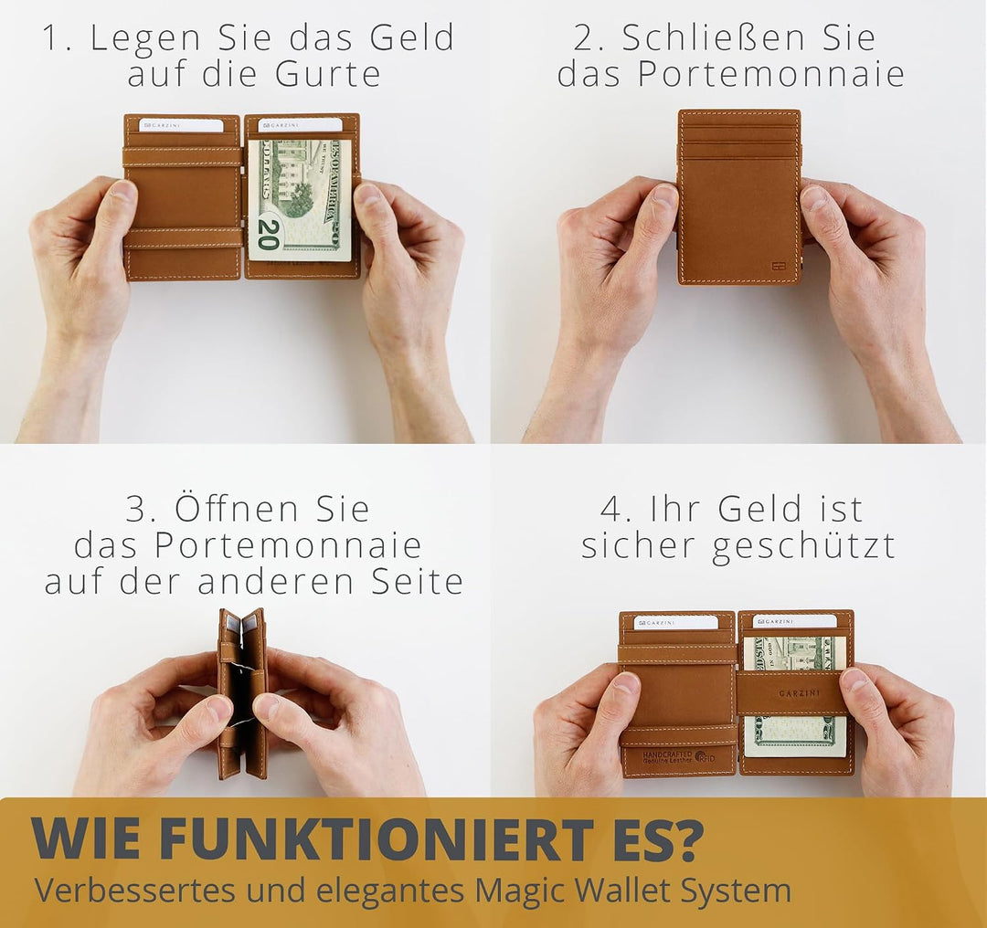 Hunterson Flacher Geldbeutel Fuer Herren aus Leder, Magic Wallet mit RFID-Schutz, Geldboerse mit Kle