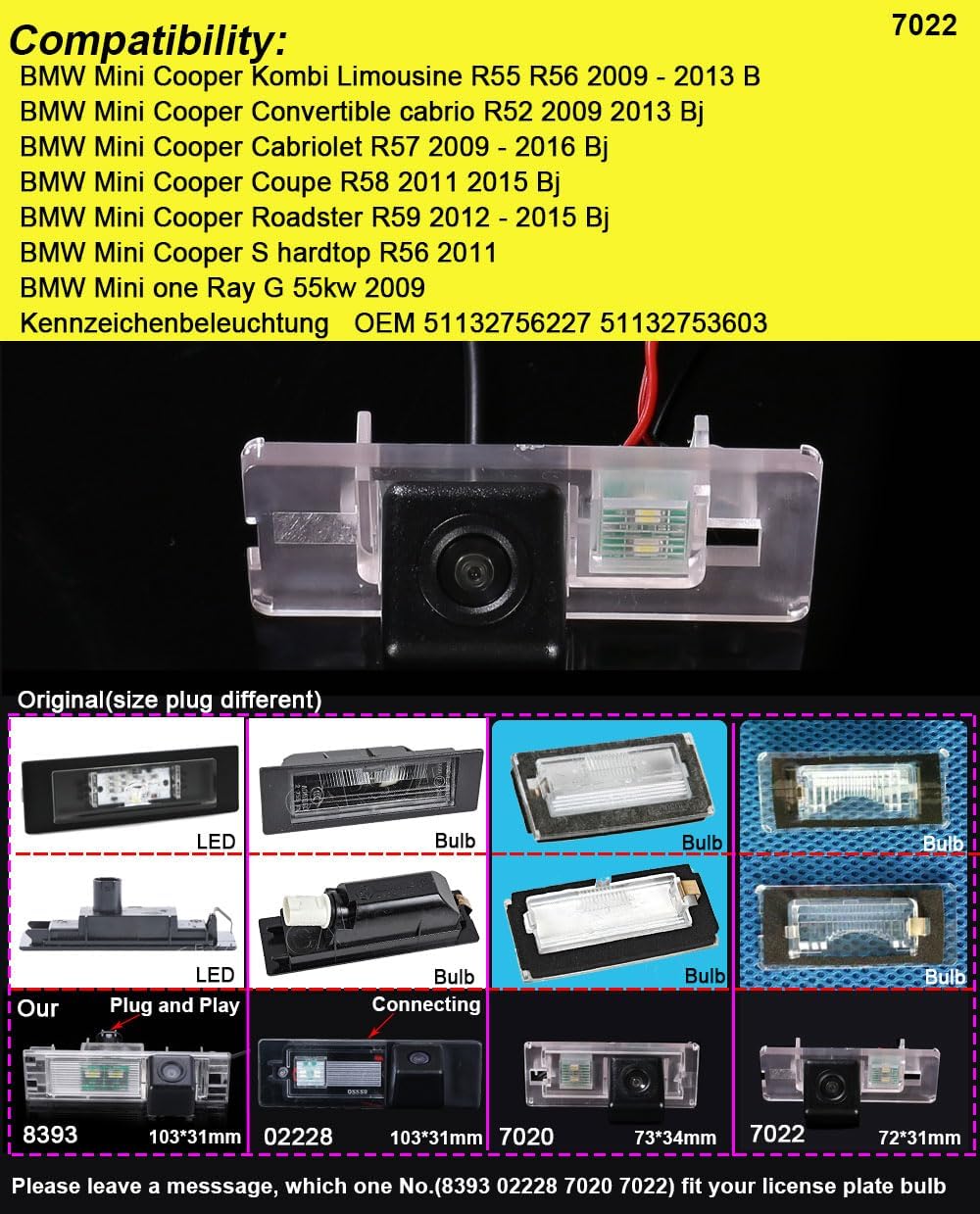 HD Nachtsicht Rückfahrkamera Ersatz für BMW Mini Cooper Kombi Limousine R55 R56/Convertible cabrio R