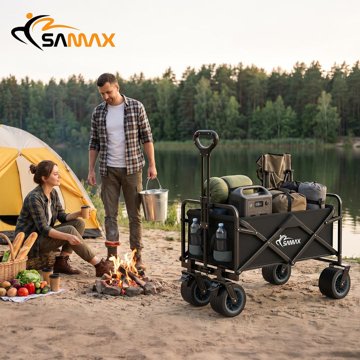 SAMAX Bollerwagen bis 200kg - 2in1 mit Bank - Faltbarer Handwagen Gartenwagen Strandwagen - Klappbar