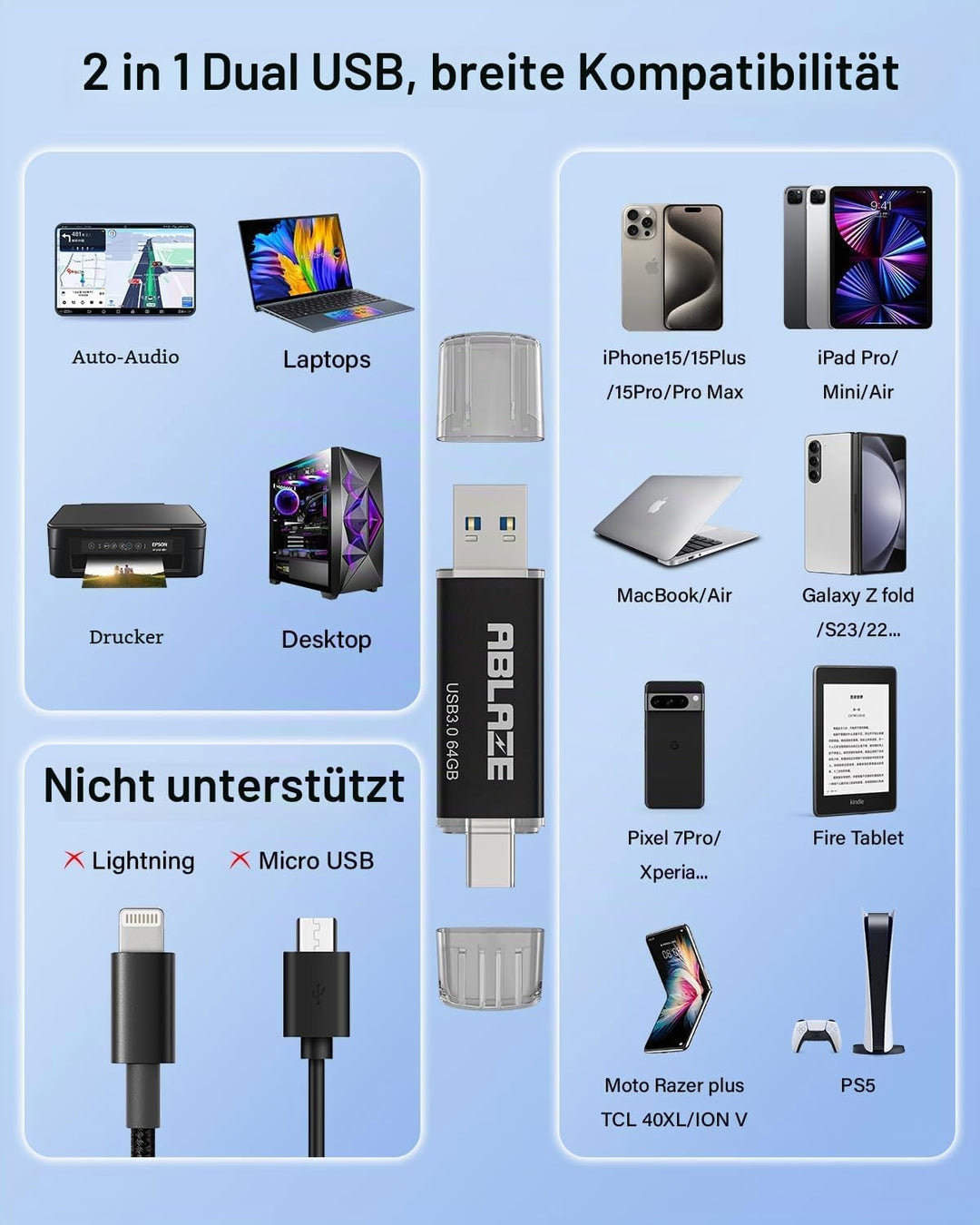 10 Stück USB C Stick 64GB OTG 2.0, ABLAZE Dual Speicherstick 2-IN-1 | für Type-C Handy/Smartphone/La