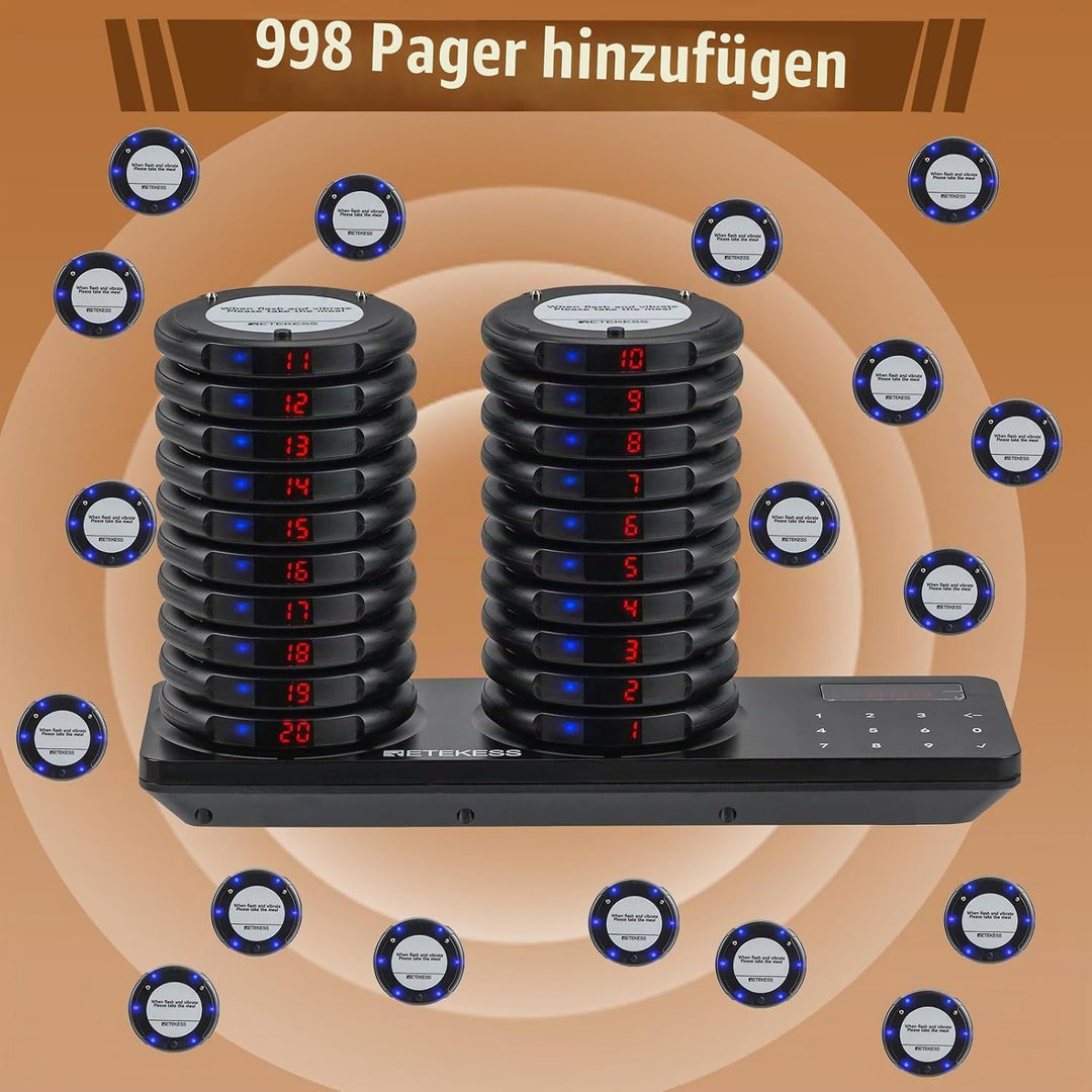 Retekess TD163 Restaurant Pager System, Pager Rufsystem, 20 Pager, 500M, Schwarz, Blaue LED-Anzeigel