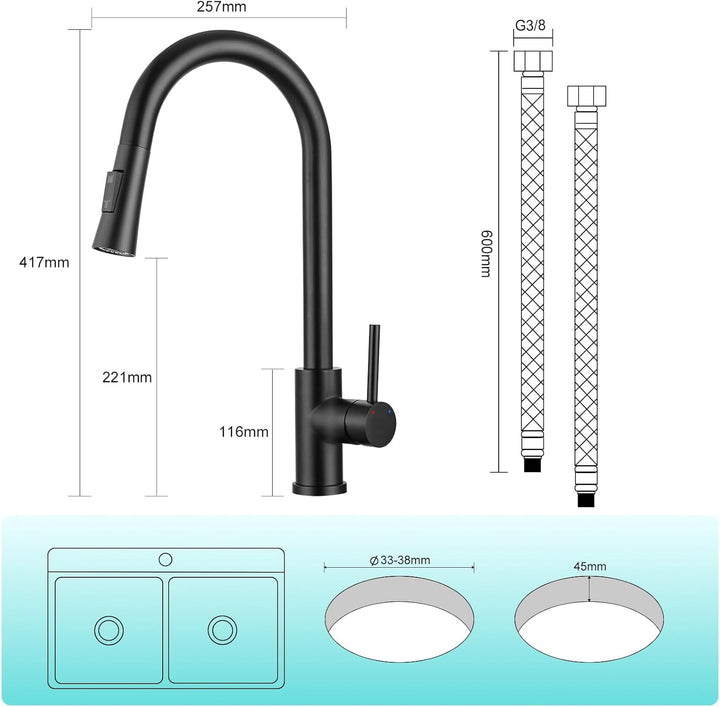 BONADE Wasserhahn Küche Schwarz, 360° Drehbare Küchenarmatur mit Brause Ausziehbar, Hoher Bogen Misc
