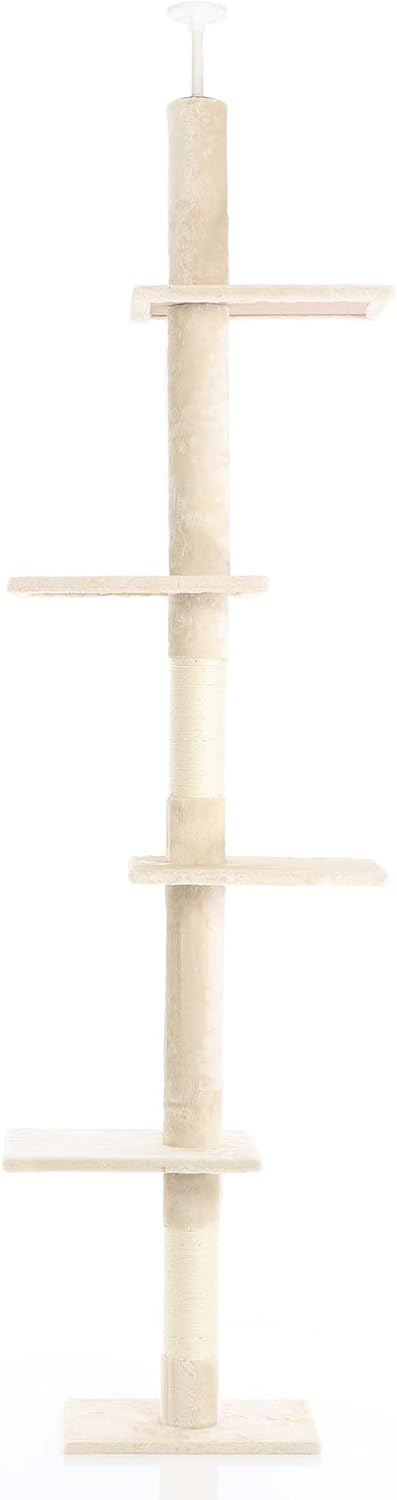 Fudajo Kratzbaum deckenhoch 230–276 cm in Beige, Katzenkratzbaum mit 4 Ebenen, Katzenbaum Deckenspan