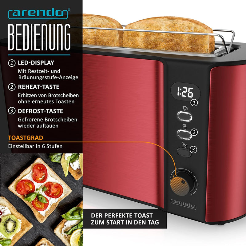 Arendo - Wasserkocher und Toaster im SET Edelstahl Rot Wasserkocher 1,5L 40° - 100°C Warmhaltefunkti