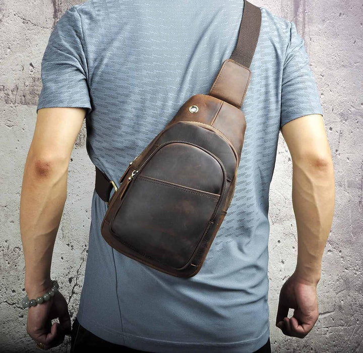 Le’aokuu Herren Echtes Leder Hüfttasche Brusttasche Bauchtsche Crossbody Bag Sling Bag Schultertsche