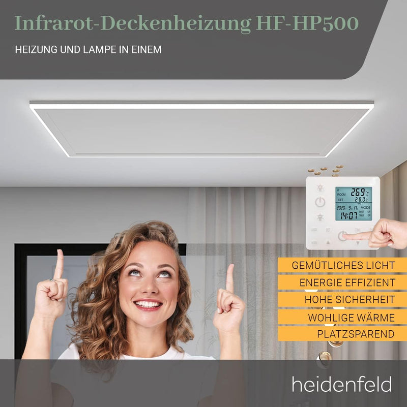 Heidenfeld Infrarotheizung HF-HP500 mit Licht | - LED Rahmen - Infrarot Deckenheiz
