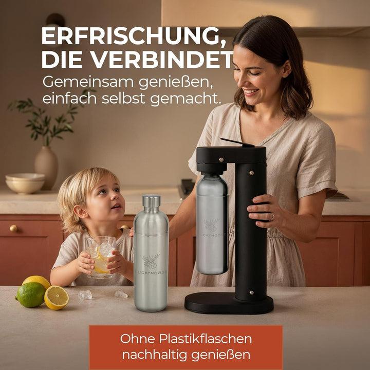 Infinity-S Wassersprudler aus hochwertigem Edelstahl (Black/Silver) – inkl. 2x 1,25L Edelstahlflasch