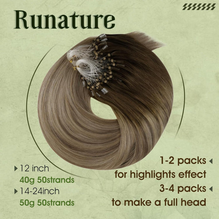 RUNATURE Echthaar Extensions Micro Loop Braun Balayage Blond Ombre 1g 50cm Remy Micro Ring Loop Exte