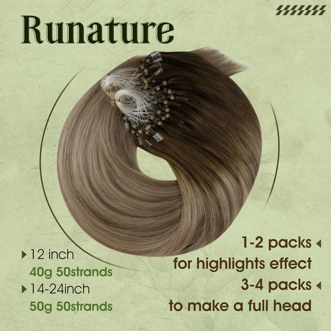 RUNATURE Extensions Echthaar Microring Balayage Braun Blond 50s 35cm Haarverlängerung Ombre 50g #3/8