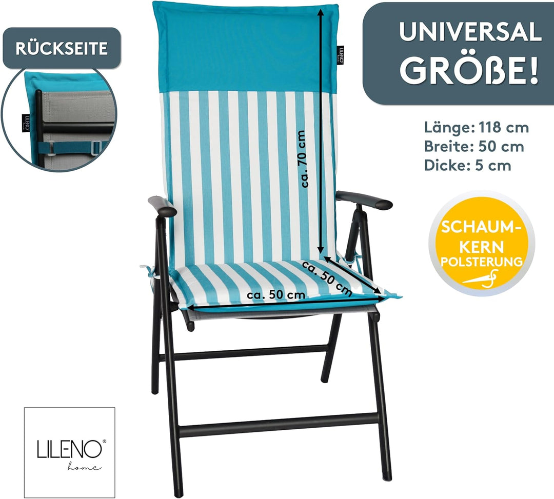 LILENO HOME Gartenstuhl Auflagen als [2er Set - Hochlehner] in Streifen Aqua - Uni Aqua - Bequeme Li