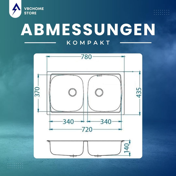 VBChome Doppelbecken Einbauspüle mit Hahnloch 78 x 44 cm Camping Küchenspüle - Leinenstruktur Alveus