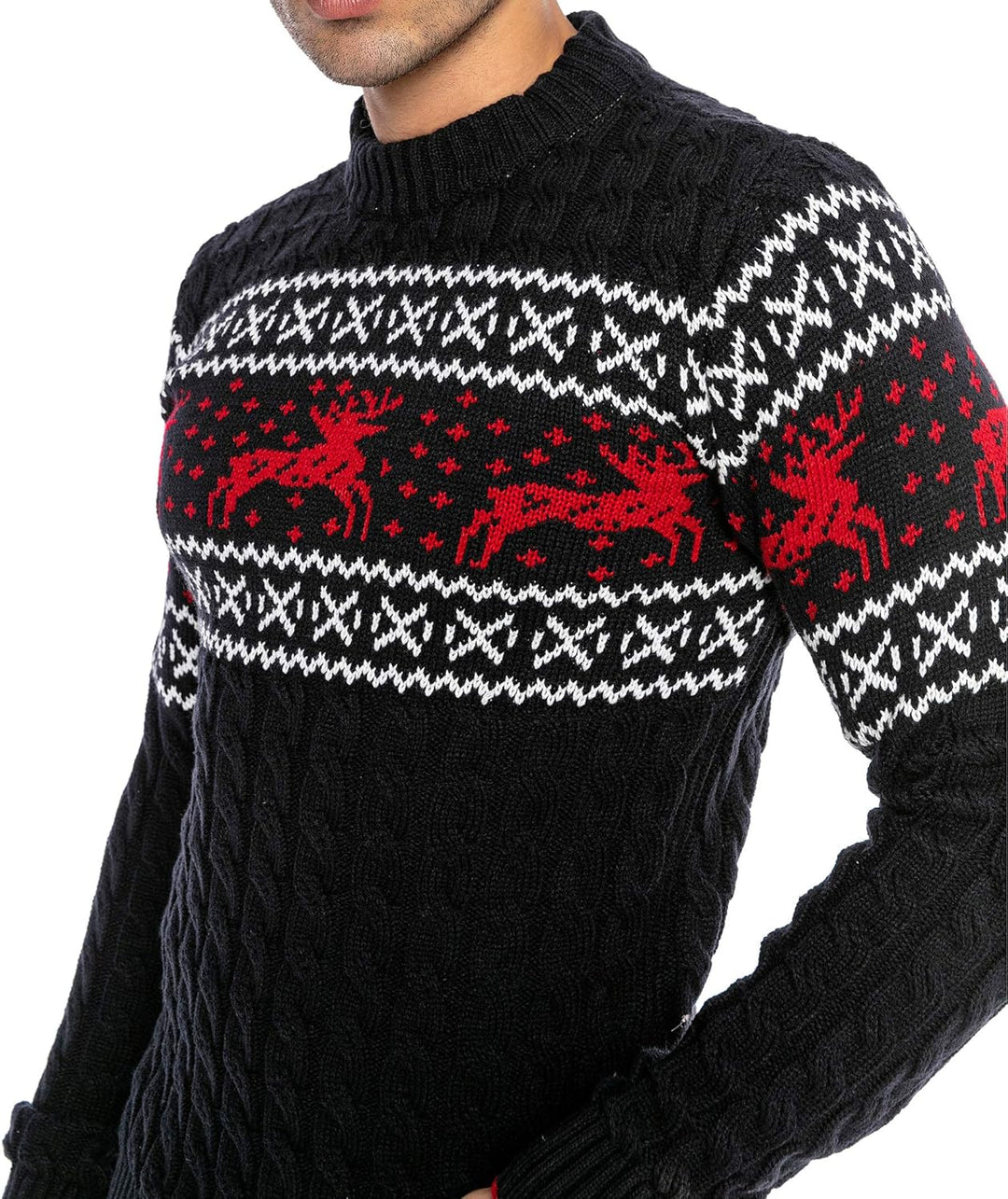 Red Bridge Herren Strickpullover Norweger Pullover Slim-Fit Plait Reindeer S Blau, S Blau