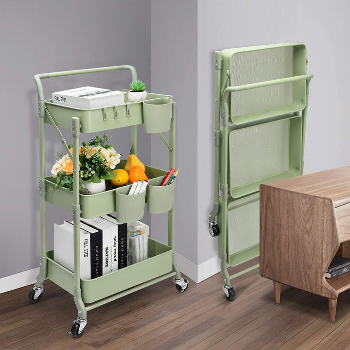 Shrivee 3-Tier Küchenwagen, Servierwagen, Faltbarer Metallwagen, Regal auf Rädern, Regal, Organizer,