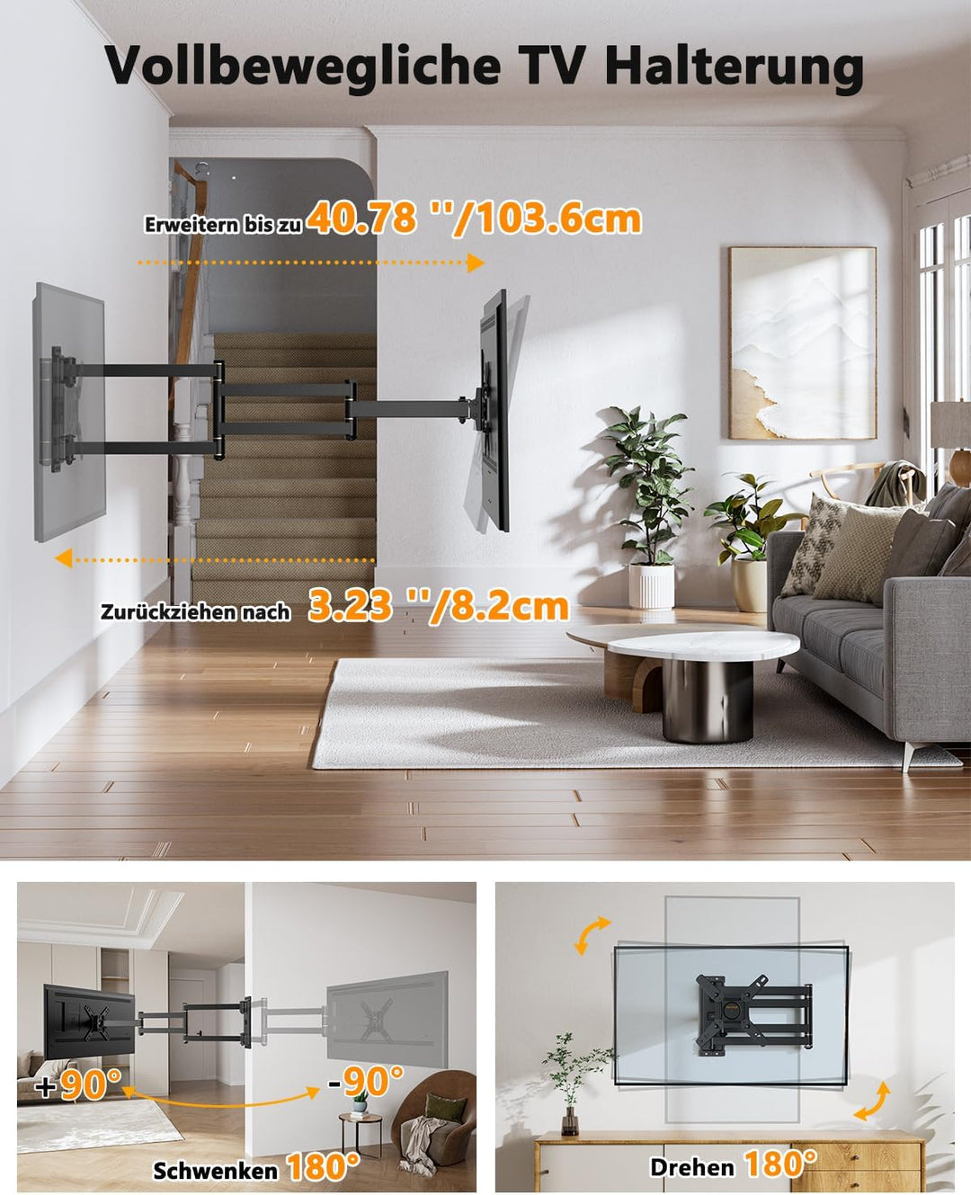 TV Wandhalterung mit 1036mm Langem Arm WHYFONE 180° Drehung Fernseher Wandhalterung Schwenkbar Ecke