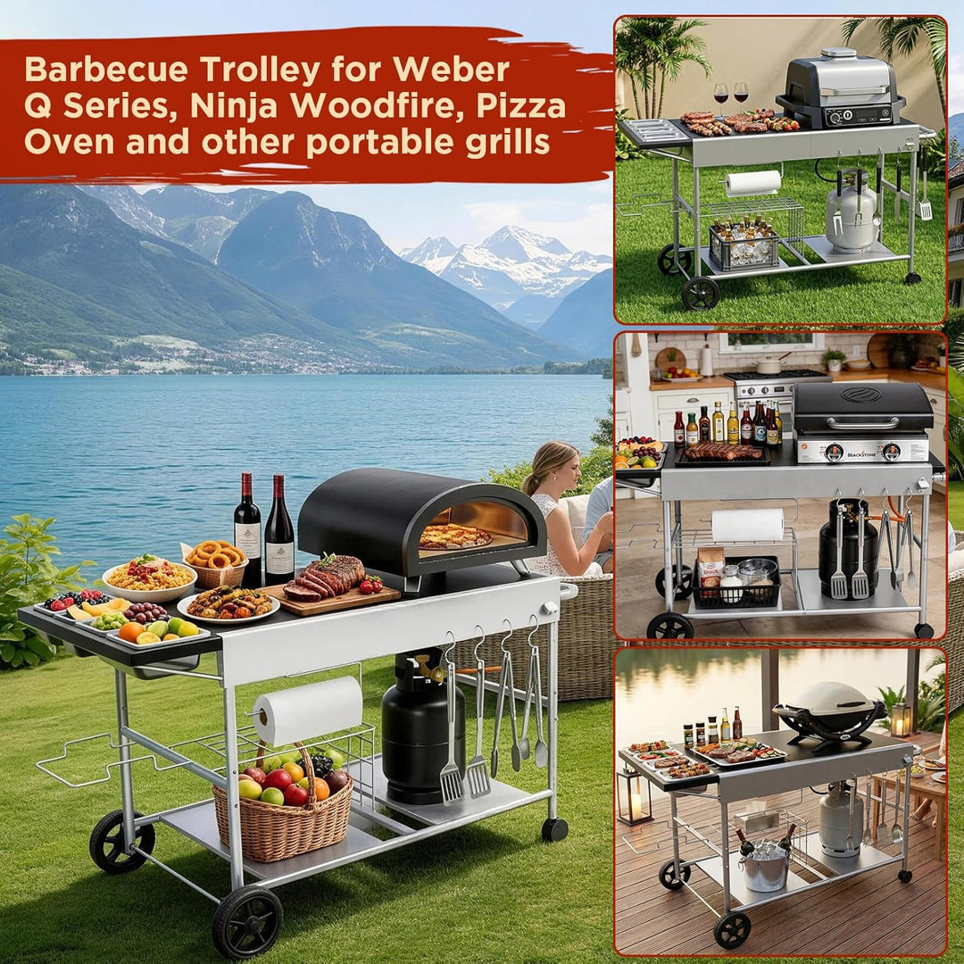 Denmay 128 x 66 x 78cm Grillwagen für Weber Q Serie, Ninja Woodfire, Pizzaofen, Tischgrill, Pizzaofe