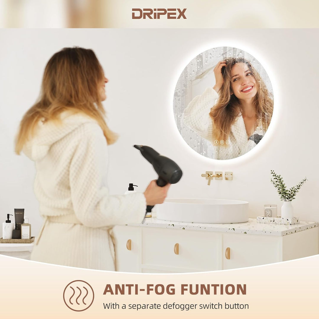 Dripex Badezimmerspiegel Led Badspiegel Rund, Touch-Schalter, Dimmbar, 3 Lichtfarbe Einstellbare Spi