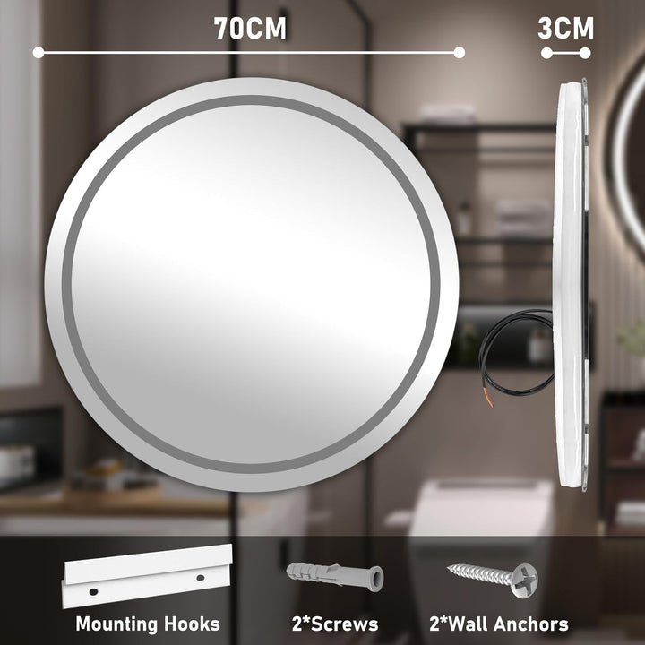 70cm Badezimmerspiegel mit Beleuchtung, Runder Spiegel mit Beleuchtung, Wandspiegel mit Frontbeleuch