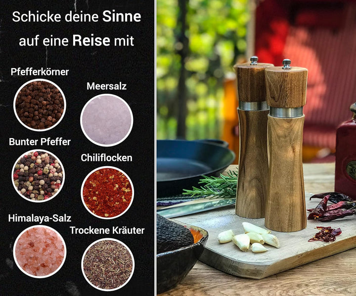 AUROMA Salz & Pfeffermühlen Set aus hochwertigem Akazienholz gefertigt | Modernes Design | Geschenki