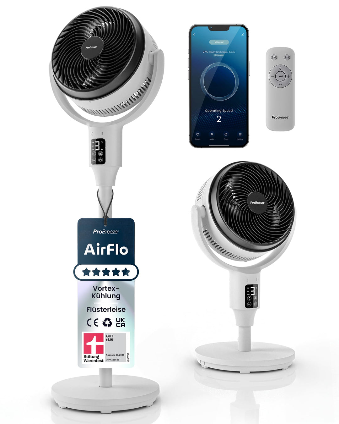 Pro Breeze AirFlo Smart Standventilator 109 cm – Leiser Ventilator mit LED-Display, App & Fernbedien