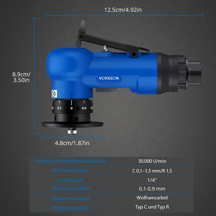 Pneumatische Anfasmaschine Blau, Air Chamfer Tool mit 4-stufiger Drehzahlregelung, Doppel-Schneidkop