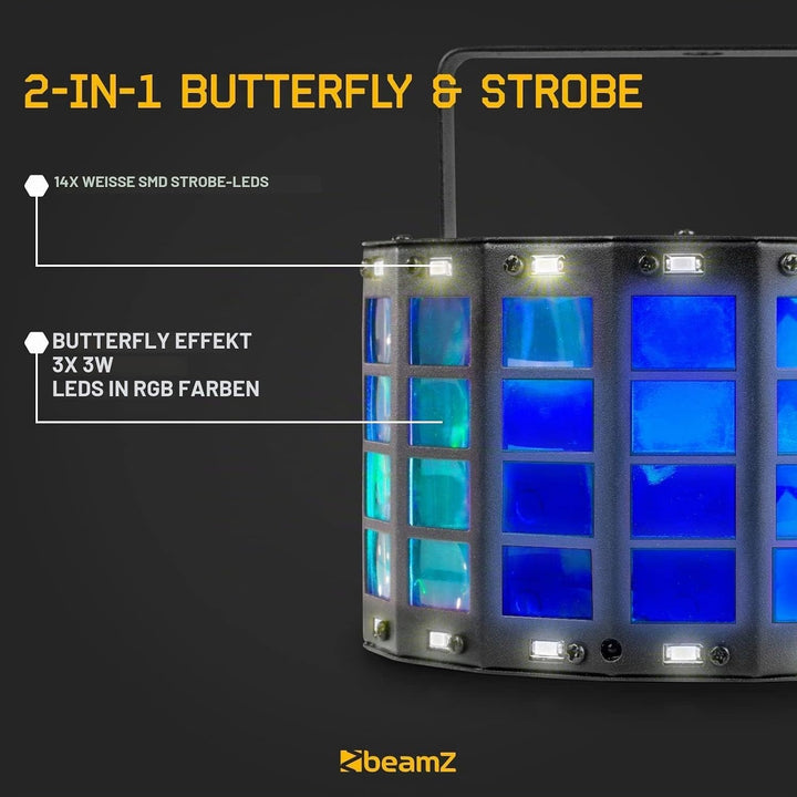 BeamZ LED Butterfly Partylicht 3x3W RGB + 14xSMD Strobe Musikgesteurt oder Automatikmodus, Disco Lic