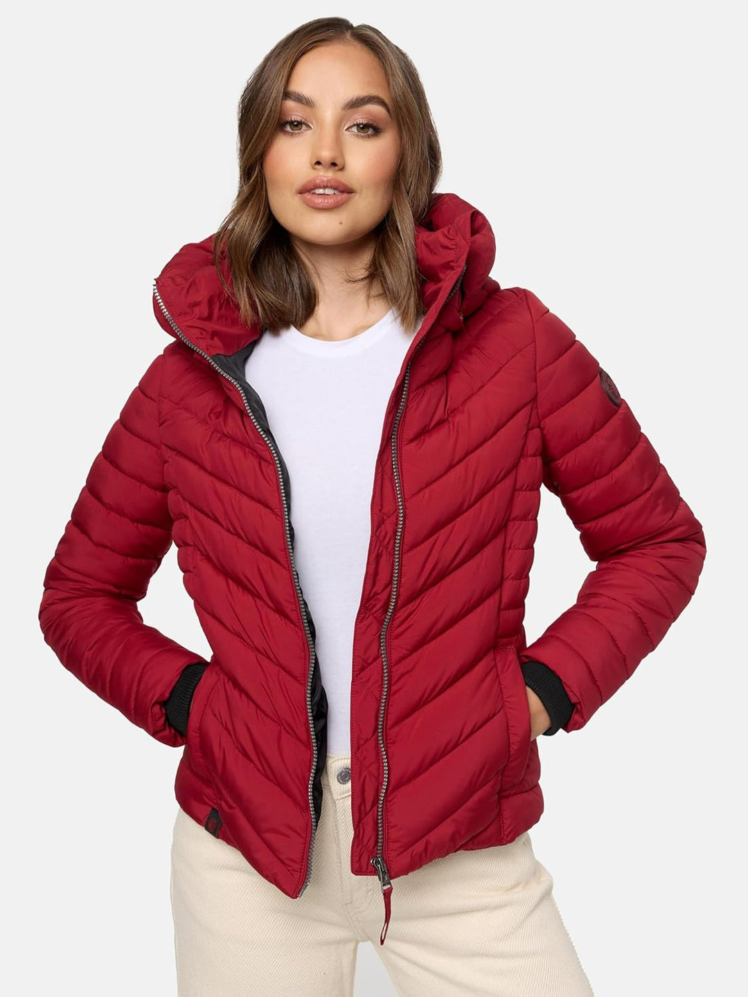 MARIKOO Damen Übergangsjacke leichte Steppjacke kurz mit Abnehmbarer Kapuze Kagomee XS-XXL S Dark Re
