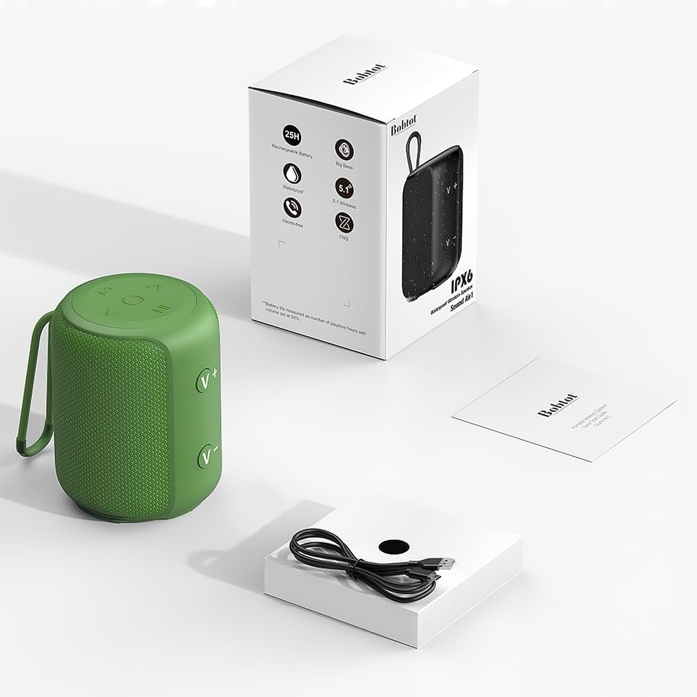 Bobtot Tragbarer Bluetooth-Lautsprecher, 5W IPX6, Grün | TWS Koppelbar, 15 Akku Boxen, Kraftvoller S