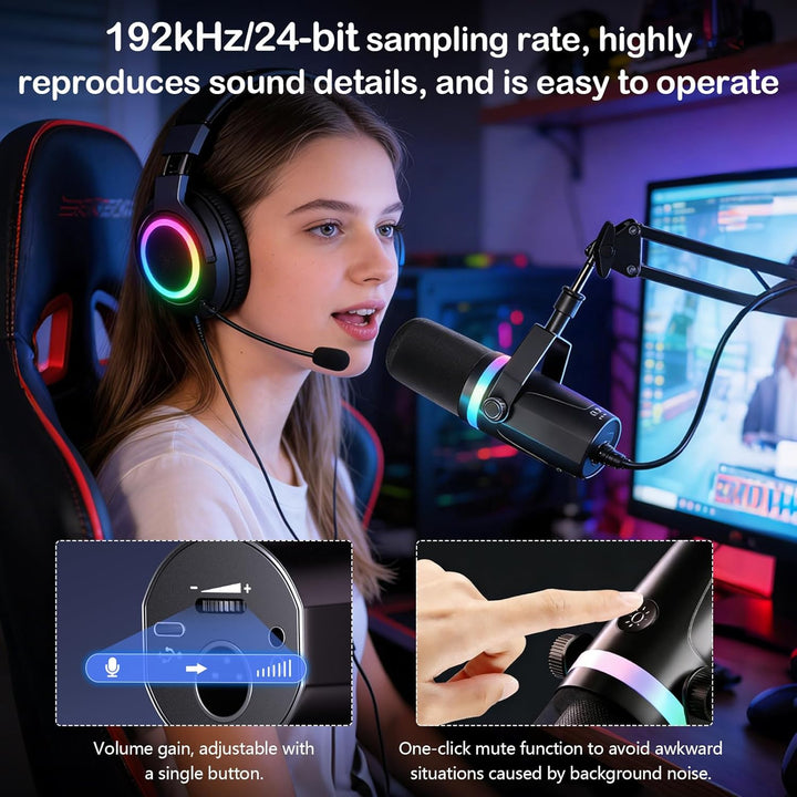 Dual-Interface Mikrofon, mit RGB-Atmungslicht und Echtzeit-Monitoring, 192 kHz/24 Bit, XLR/USB Dynam
